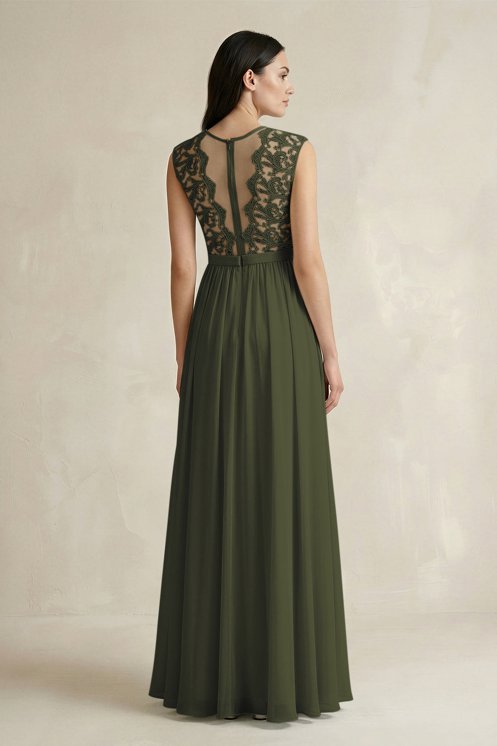 Lace Chiffon A-Line Round Neck Bridesmaid Dress in Olive
