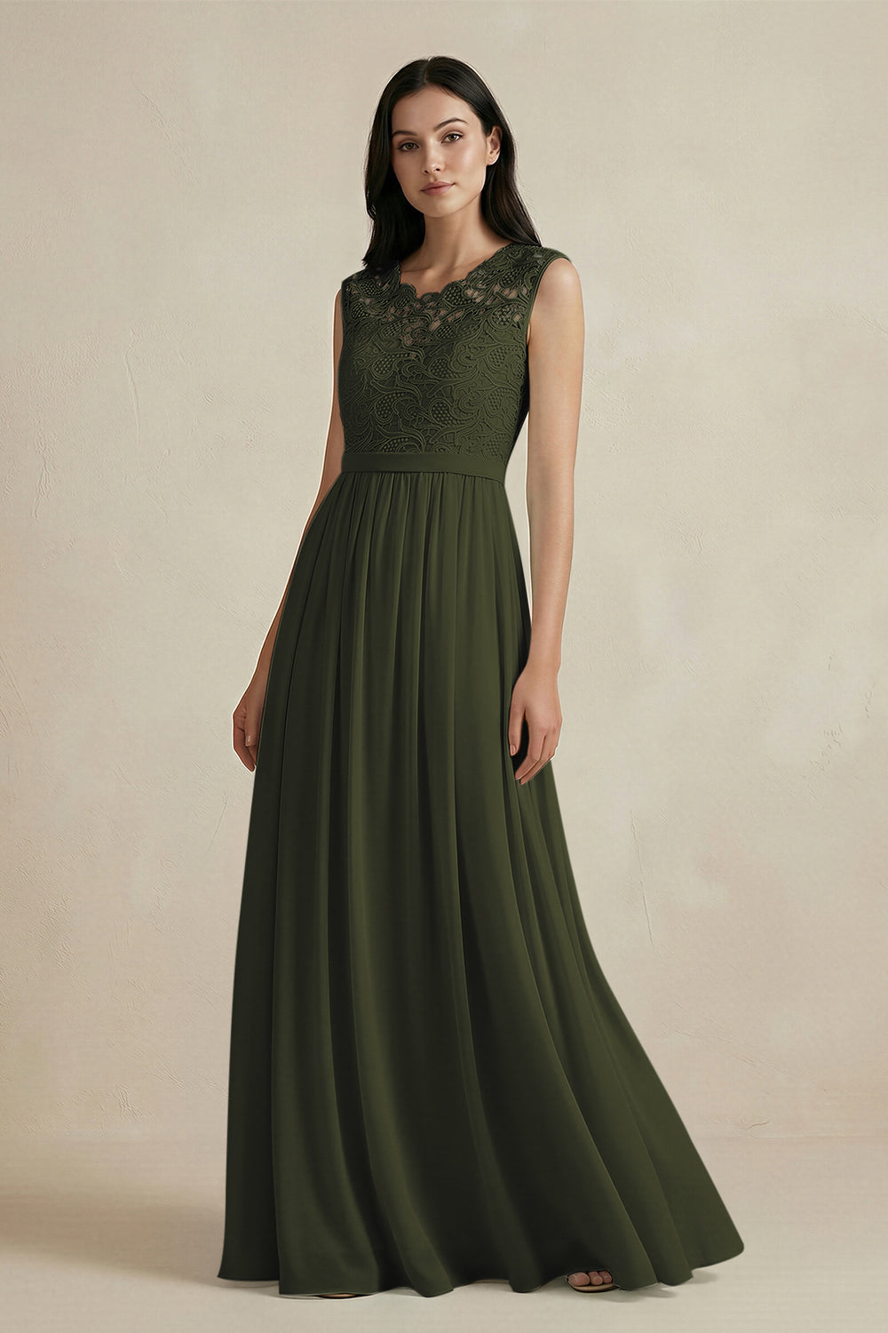 Lace Chiffon A-Line Round Neck Bridesmaid Dress in Olive