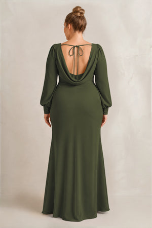 Olive Long Sleeve V-Neck Sheath Chiffon Bridesmaid Dress (2) [sizeplus] | KISSBRIDAL