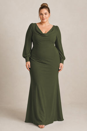 Olive Long Sleeve V-Neck Sheath Chiffon Bridesmaid Dress [sizeplus] | KISSBRIDAL
