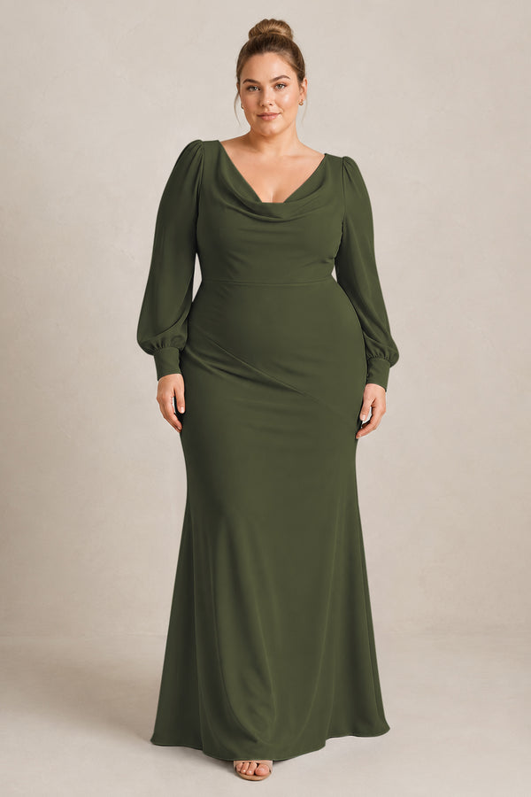 Olive Long Sleeve V-Neck Sheath Chiffon Bridesmaid Dress [sizeplus] | KISSBRIDAL