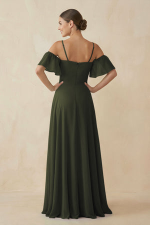 Olive Off-the-Shoulder A-Line Chiffon Bridesmaid Dress (2) | KISSBRIDAL