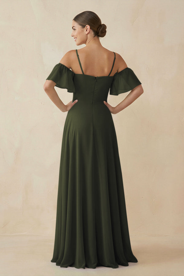 Olive Off-the-Shoulder A-Line Chiffon Bridesmaid Dress (2) | KISSBRIDAL