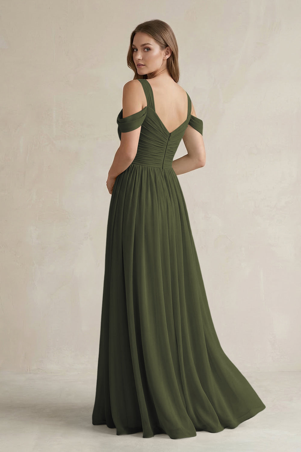Off-the-Shoulder A-Line Chiffon Bridesmaid Dress With Slit in Olive