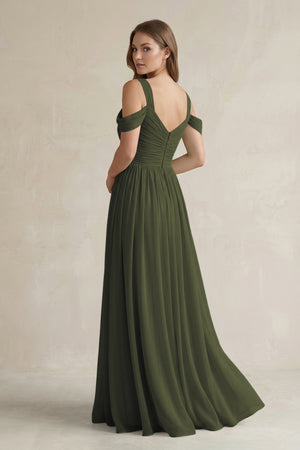 Olive Off-the-Shoulder A-Line Chiffon Bridesmaid Dress With Slit (2) | KISSBRIDAL
