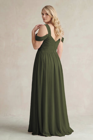 Olive Off-the-Shoulder A-Line Chiffon Bridesmaid Dress With Slit (2) | KISSBRIDAL