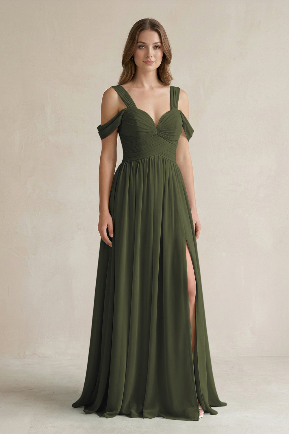 Off-the-Shoulder A-Line Chiffon Bridesmaid Dress With Slit in Olive