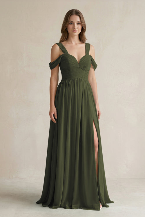 Olive Off-the-Shoulder A-Line Chiffon Bridesmaid Dress With Slit | KISSBRIDAL