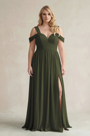 Olive Off-the-Shoulder A-Line Chiffon Bridesmaid Dress With Slit | KISSBRIDAL