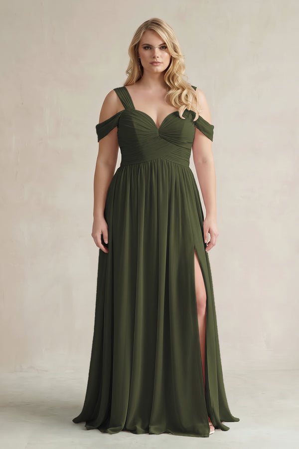 Olive Off-the-Shoulder A-Line Chiffon Bridesmaid Dress With Slit | KISSBRIDAL