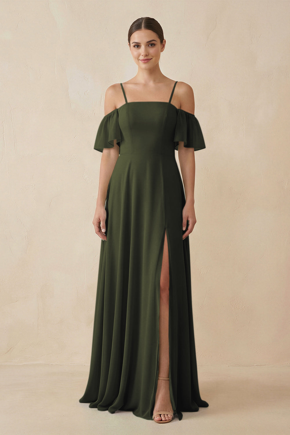 Off-the-Shoulder A-Line Chiffon Bridesmaid Dress in Olive