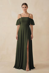 Olive Off-the-Shoulder A-Line Chiffon Bridesmaid Dress | KISSBRIDAL