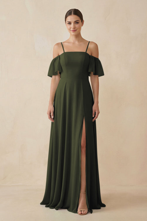 Olive Off-the-Shoulder A-Line Chiffon Bridesmaid Dress | KISSBRIDAL