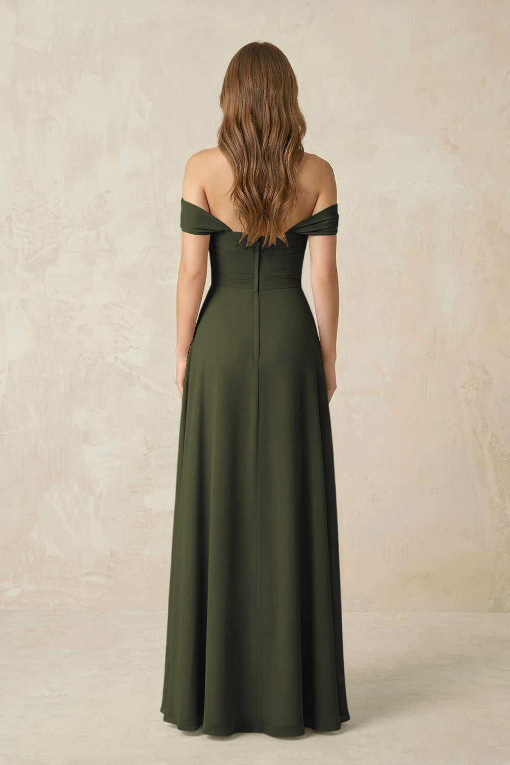 Off-the-Shoulder A-Line Chiffon Pleated Bridesmaid Dress in Olive