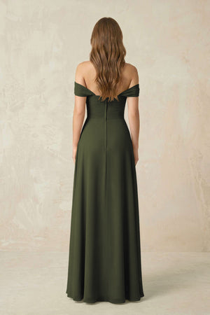 Olive Off-the-Shoulder A-Line Chiffon Pleated Bridesmaid Dress (2) | KISSBRIDAL