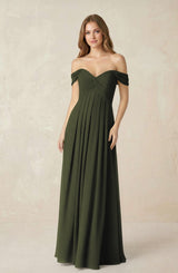 Olive Off-the-Shoulder A-Line Chiffon Pleated Bridesmaid Dress | KISSBRIDAL