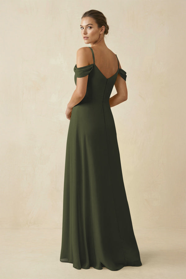 Olive Off-the-Shoulder A-Line Pleated Chiffon Bridesmaid Gown (2) | KISSBRIDAL