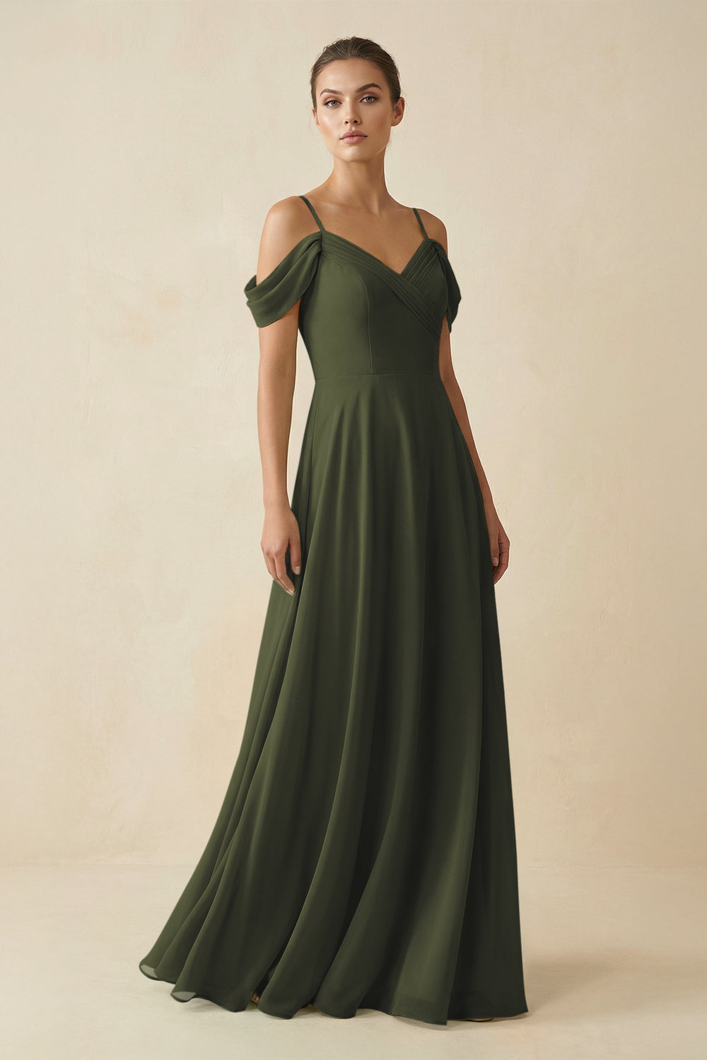 Off-the-Shoulder A-Line Pleated Chiffon Bridesmaid Gown in Olive