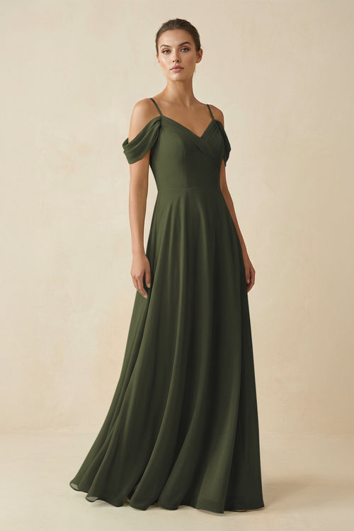 Olive Off-the-Shoulder A-Line Pleated Chiffon Bridesmaid Gown | KISSBRIDAL