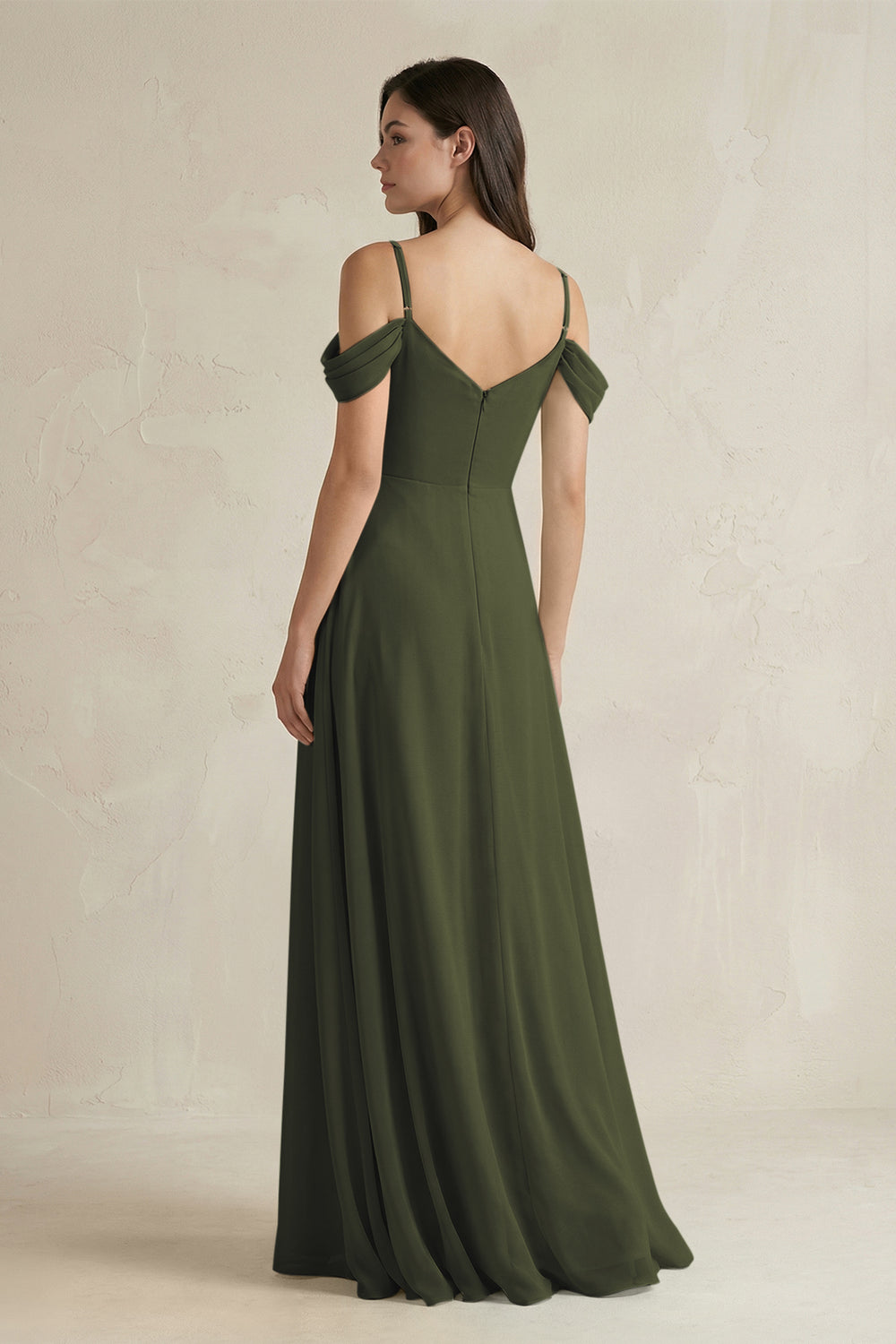 Off-the-Shoulder Chiffon A-Line Bridesmaid Dress in Olive