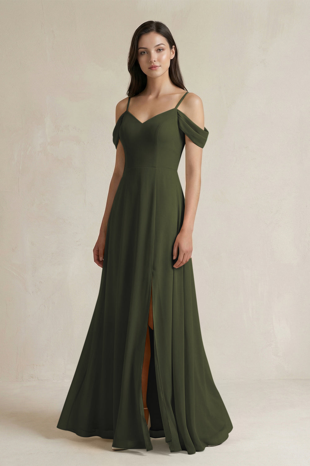 Off-the-Shoulder Chiffon A-Line Bridesmaid Dress in Olive