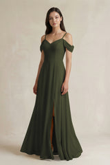 Olive Off-the-Shoulder Chiffon A-Line Bridesmaid Dress | KISSBRIDAL