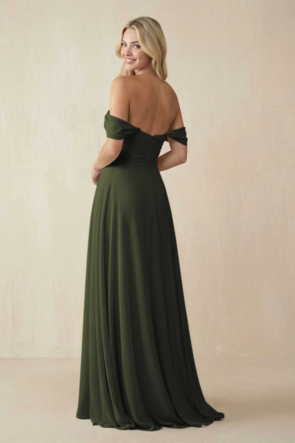 Off-the-Shoulder Chiffon A-Line Long Bridesmaid Dress in Olive
