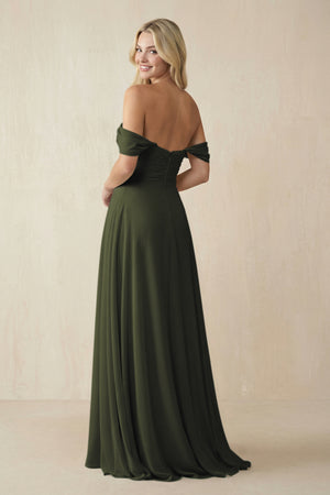 Olive Off-the-Shoulder Chiffon A-Line Long Bridesmaid Dress (2) | KISSBRIDAL