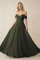 Olive Off-the-Shoulder Chiffon A-Line Long Bridesmaid Dress | KISSBRIDAL