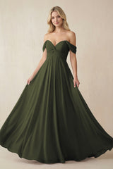 Olive Off-the-Shoulder Chiffon A-Line Long Bridesmaid Dress | KISSBRIDAL