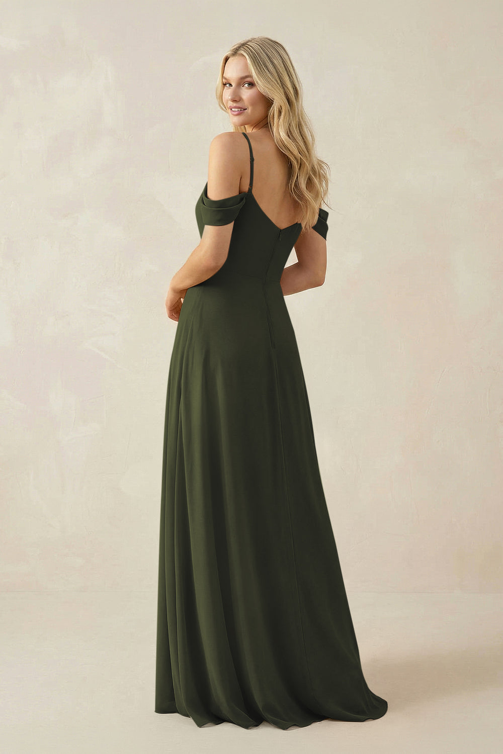 Off-the-Shoulder Chiffon A-Line Maxi Bridesmaid Dress in Olive