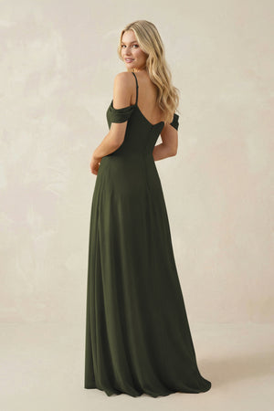Olive Off-the-Shoulder Chiffon A-Line Maxi Bridesmaid Dress (2) | KISSBRIDAL