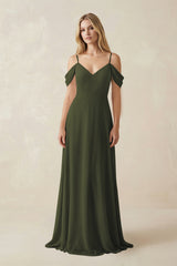 Olive Off-the-Shoulder Chiffon A-Line Maxi Bridesmaid Dress | KISSBRIDAL