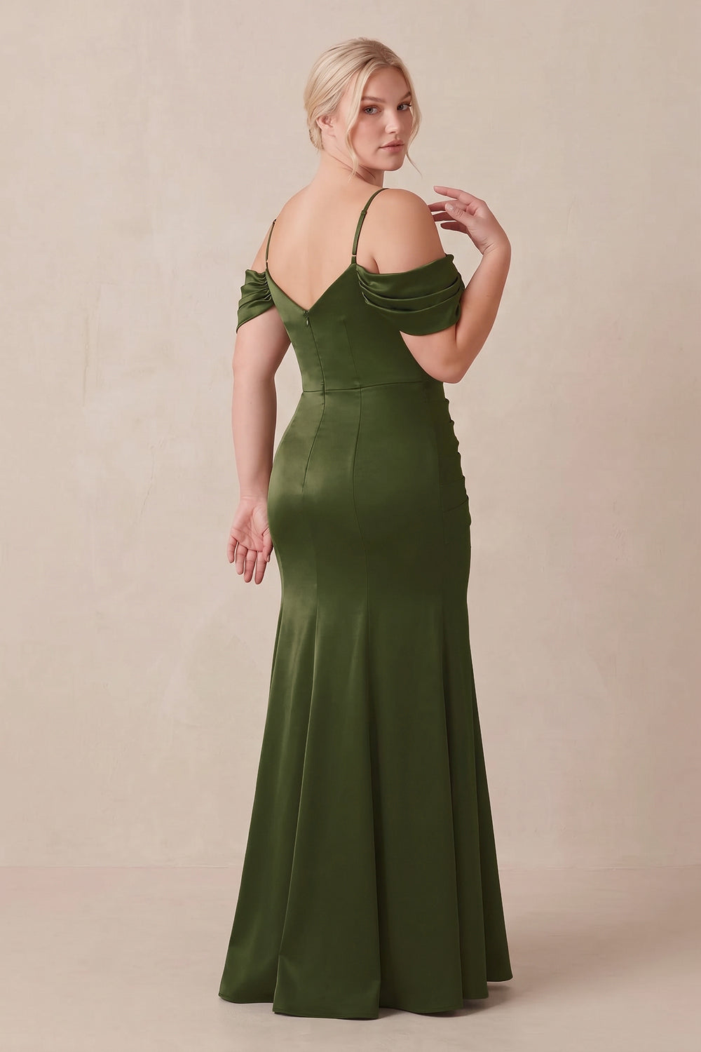 Off-the-Shoulder Mermaid Ruched Bridesmaid Dress in Olive