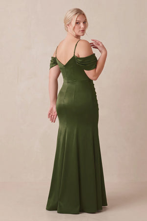 Olive Off-the-Shoulder Mermaid Ruched Bridesmaid Dress (2) [sizeplus] | KISSBRIDAL