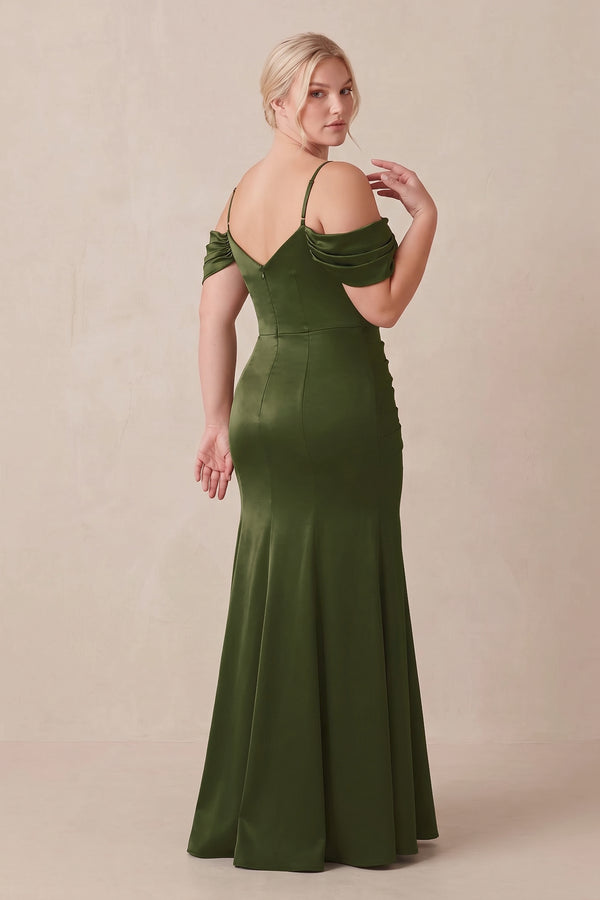 Olive Off-the-Shoulder Mermaid Ruched Bridesmaid Dress (2) [sizeplus] | KISSBRIDAL