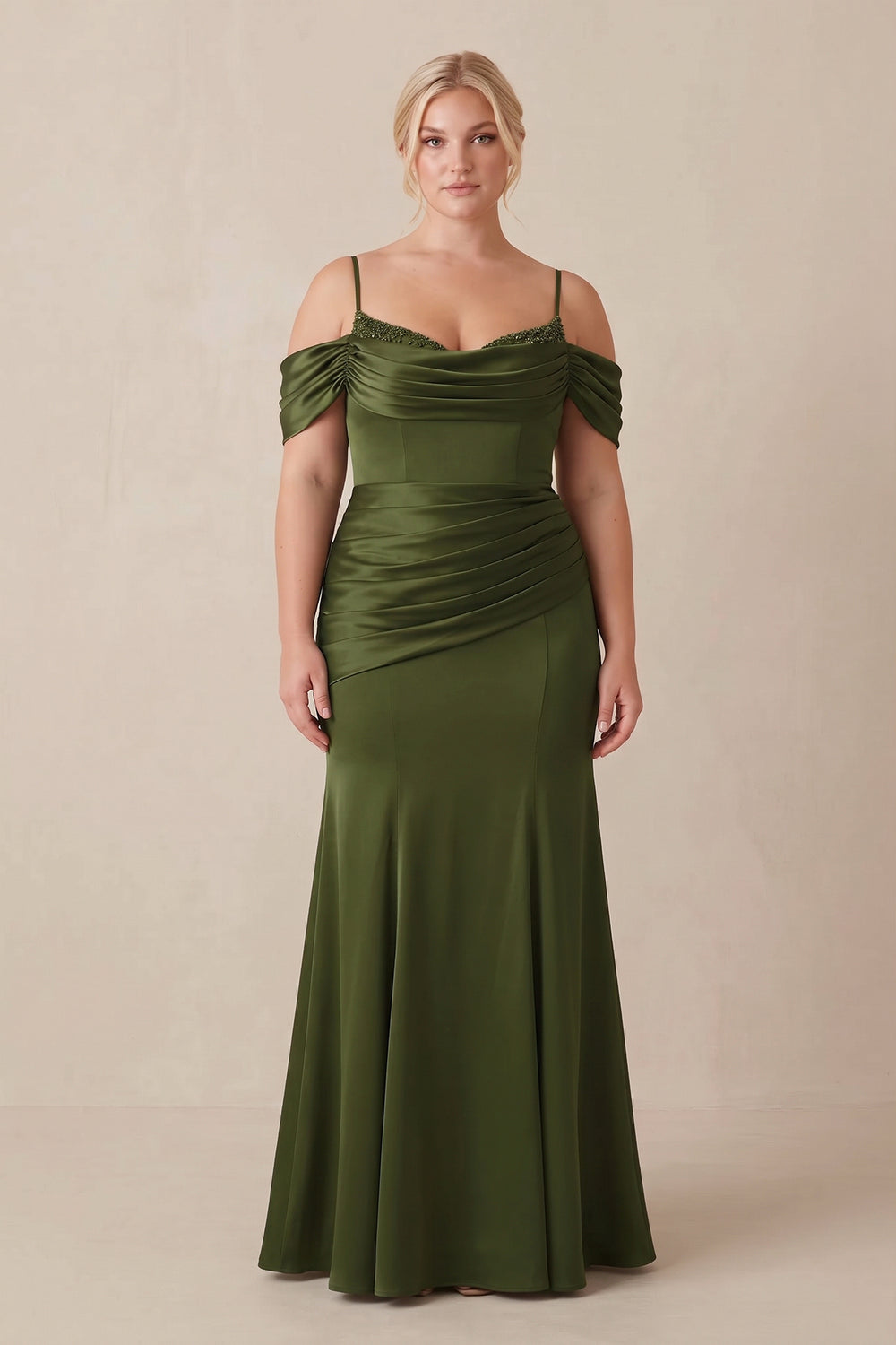 Off-the-Shoulder Mermaid Ruched Bridesmaid Dress in Olive