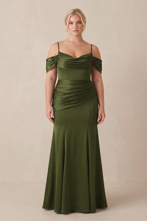 Olive Off-the-Shoulder Mermaid Ruched Bridesmaid Dress [sizeplus] | KISSBRIDAL