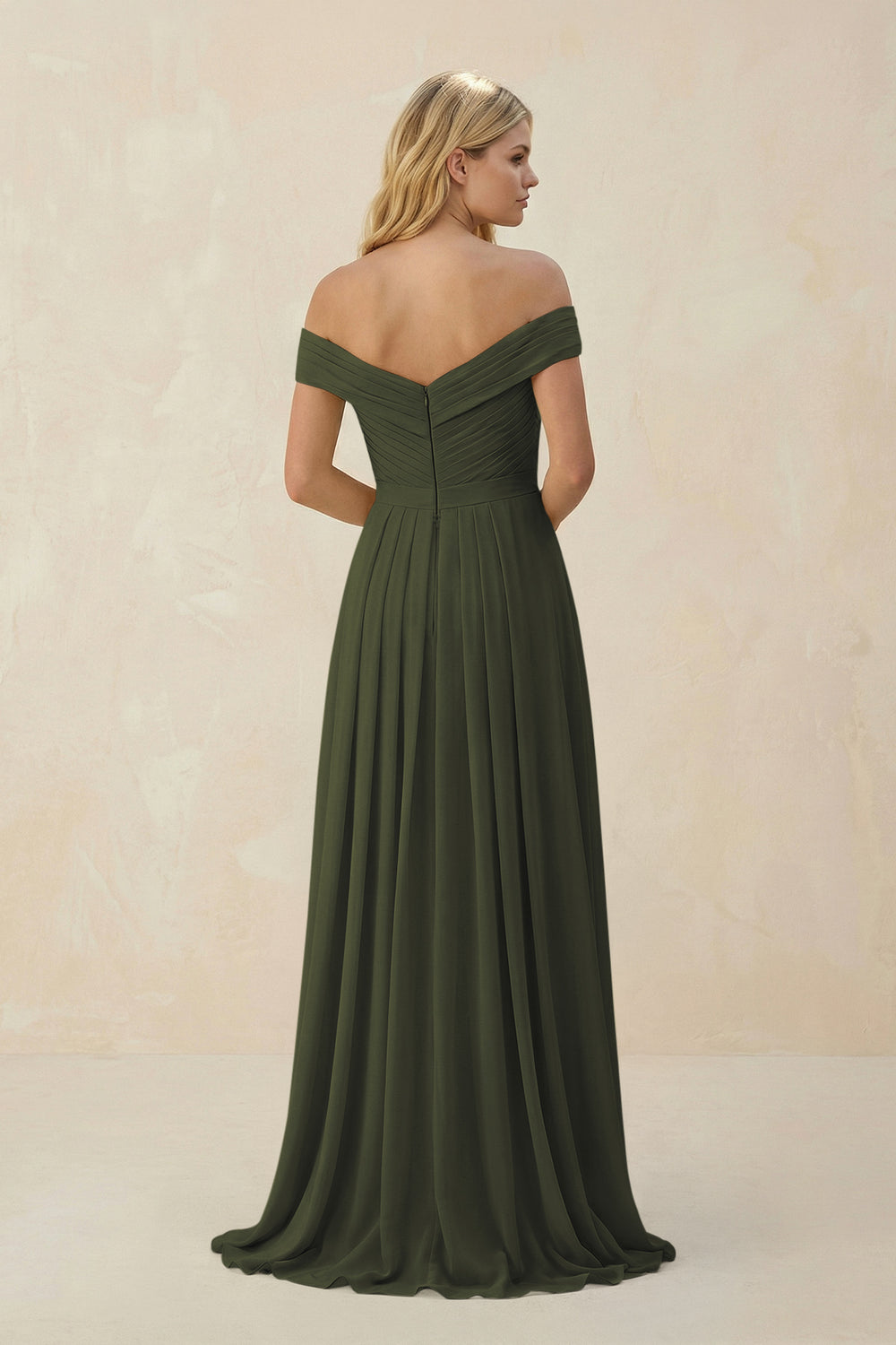 Off-the-Shoulder Pleated A-Line Chiffon Bridesmaid Dress in Olive