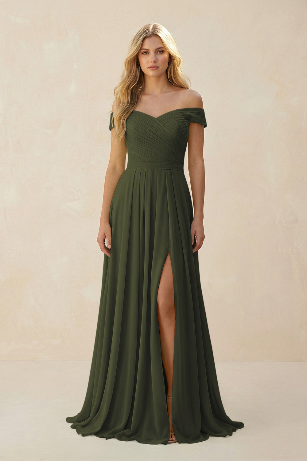 Off-the-Shoulder Pleated A-Line Chiffon Bridesmaid Dress in Olive