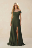 Olive Off-the-Shoulder Pleated A-Line Chiffon Bridesmaid Dress | KISSBRIDAL