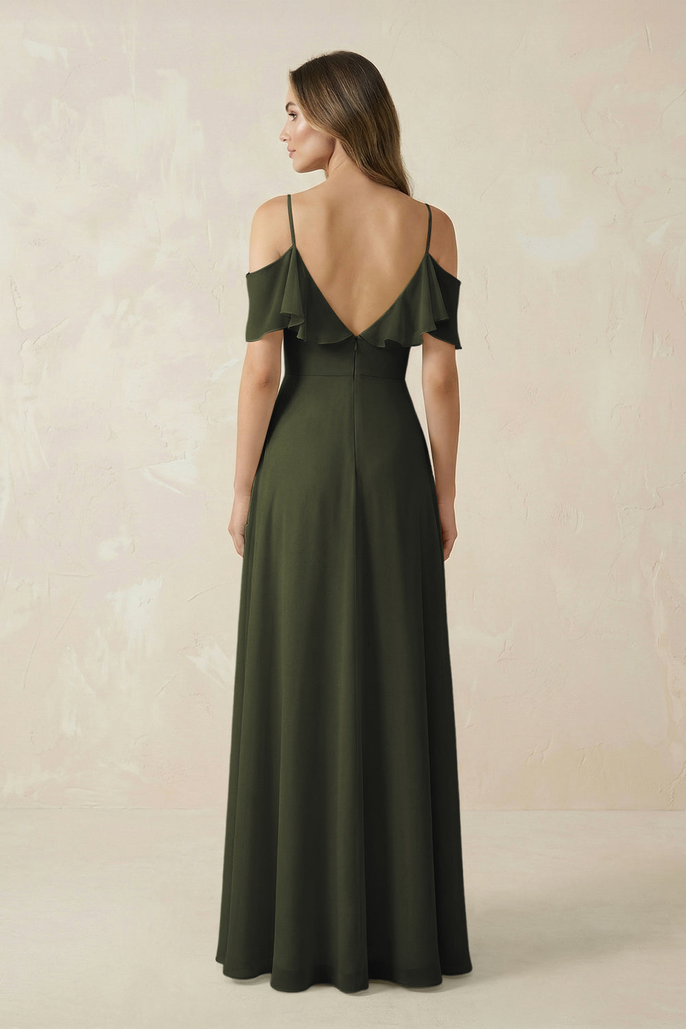 Off-the-Shoulder Ruffled A-Line Chiffon Bridesmaid Dress in Olive