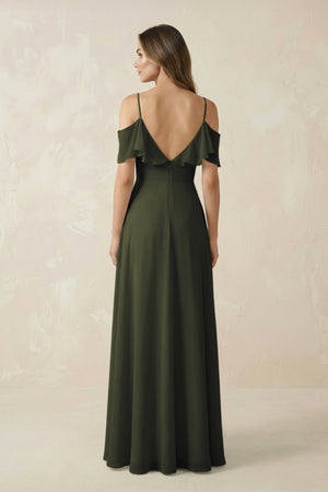 Olive Off-the-Shoulder Ruffled A-Line Chiffon Bridesmaid Dress (2) | KISSBRIDAL