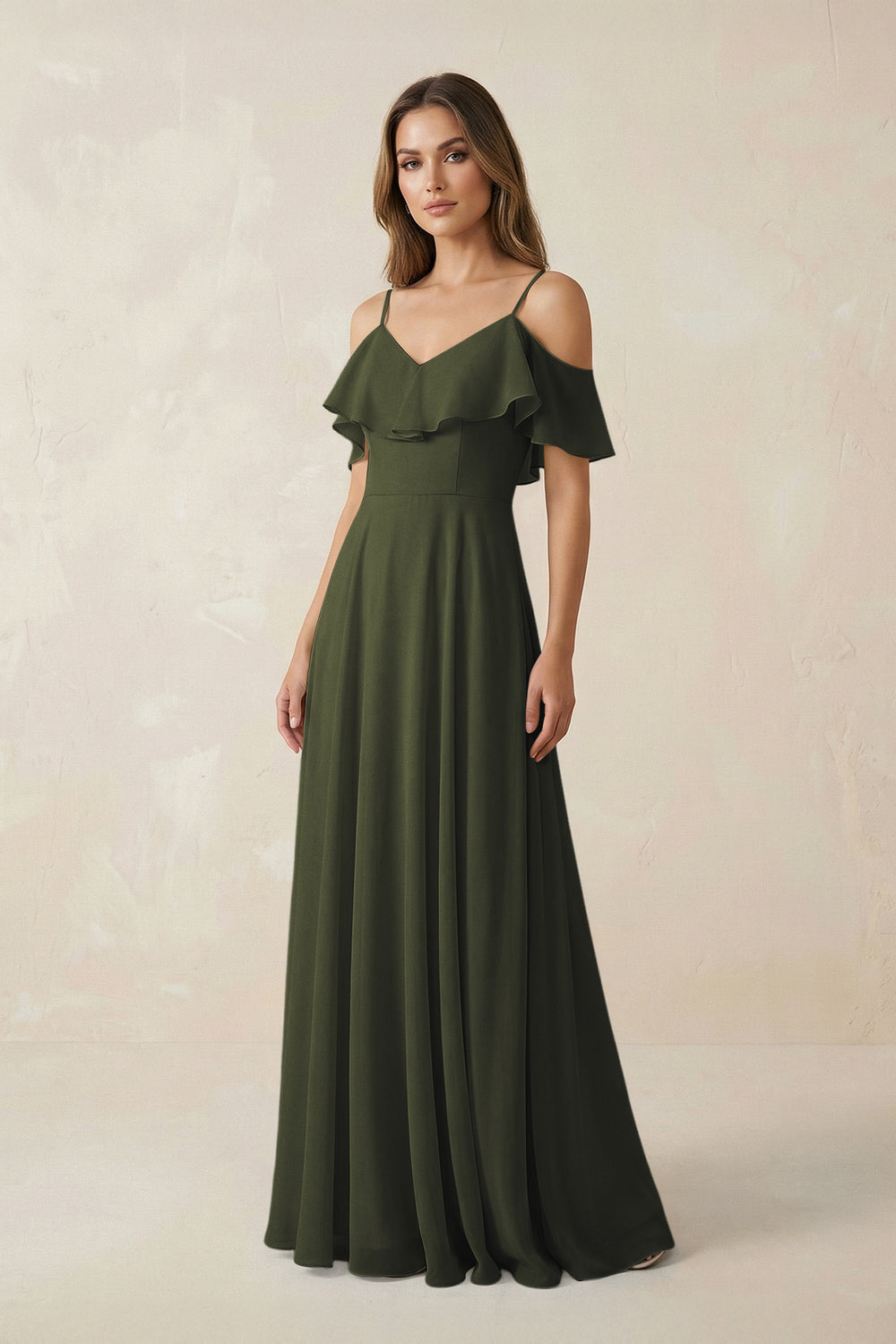 Off-the-Shoulder Ruffled A-Line Chiffon Bridesmaid Dress in Olive
