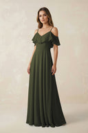 Olive Off-the-Shoulder Ruffled A-Line Chiffon Bridesmaid Dress | KISSBRIDAL