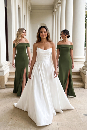 Olive Off-the-Shoulder Satin Sheath Bridesmaid Dress With Slit | KISSBRIDAL