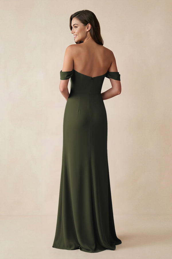 Olive Off-the-Shoulder Sheath Bridesmaid Dress with Slit (2) | KISSBRIDAL
