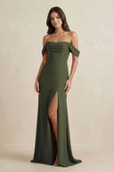 Olive Off-the-Shoulder Sheath Bridesmaid Dress with Slit | KISSBRIDAL