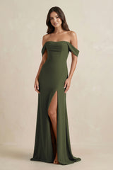 Olive Off-the-Shoulder Sheath Bridesmaid Dress with Slit | KISSBRIDAL