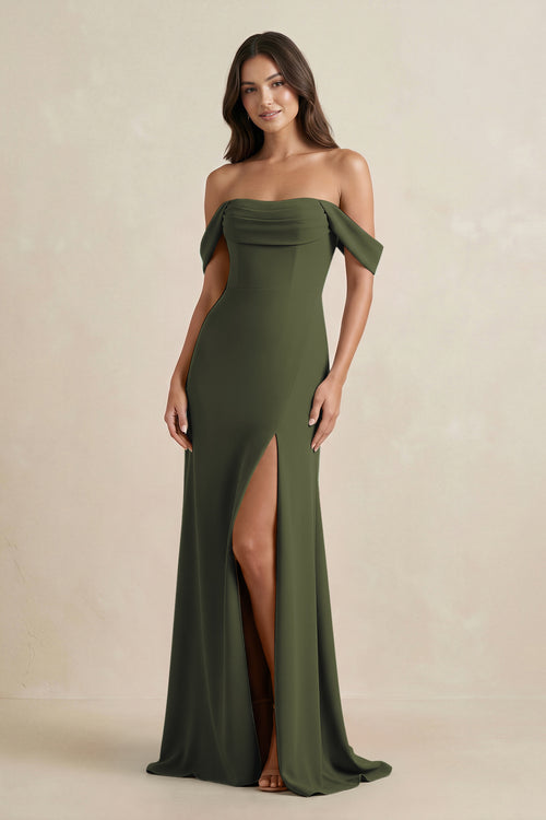 Olive Off-the-Shoulder Sheath Bridesmaid Dress with Slit | KISSBRIDAL